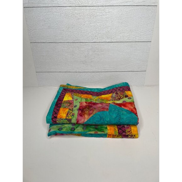 Handmade Tulip Floral Quilted Wall Hangings Place Mats Purple Teal Batik Fabric - Picture 11 of 11